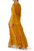 فستان ليوني طويل بأكمام مزينة بكشكش